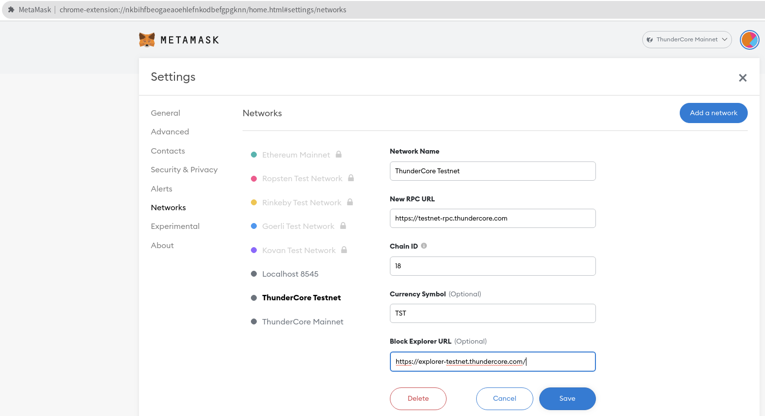 Change block explorer URL to ThunderCore testnet explorer
